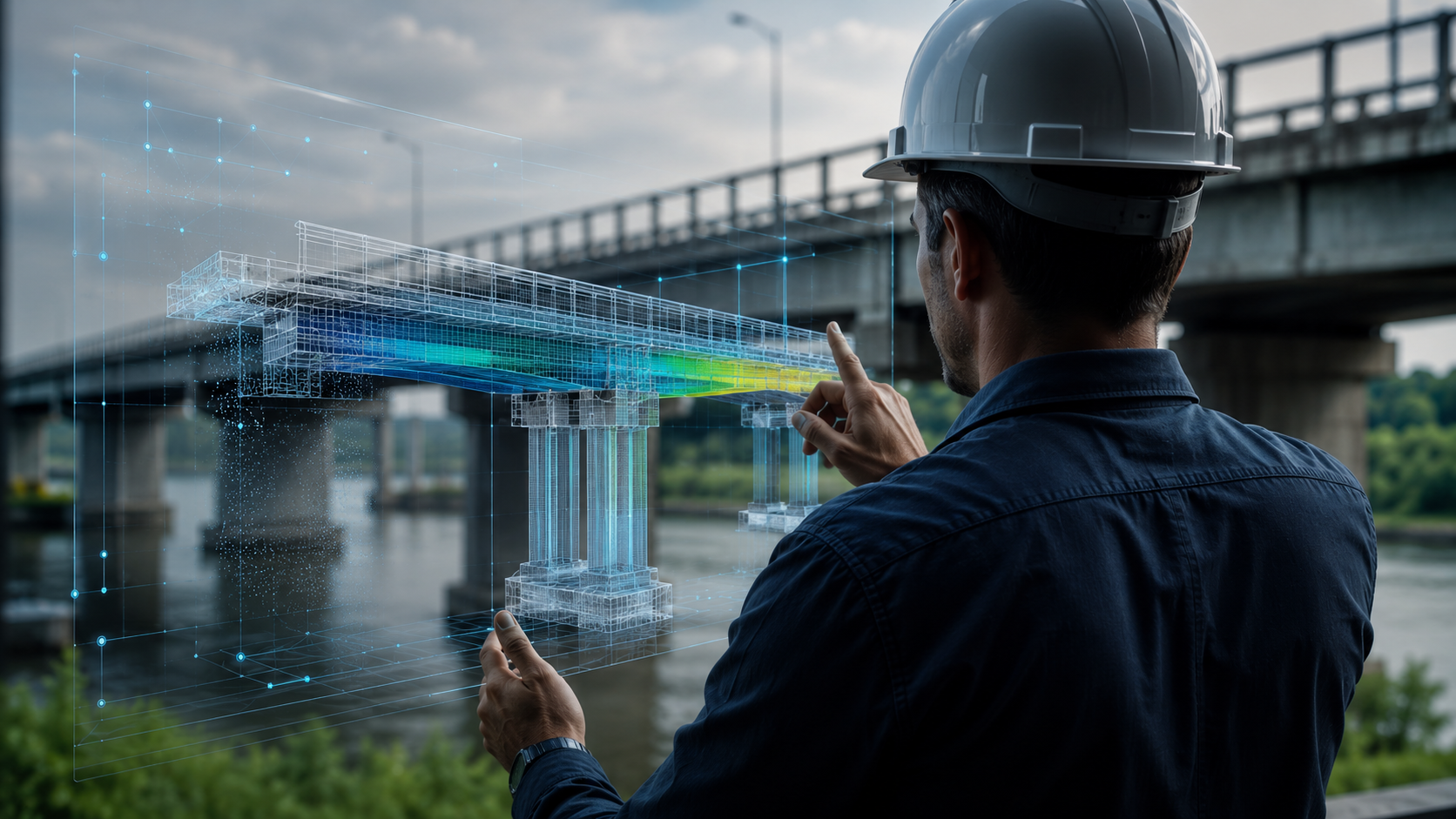 Engenheiro estrutural analisando modelo BIM tridimensional de ponte existente